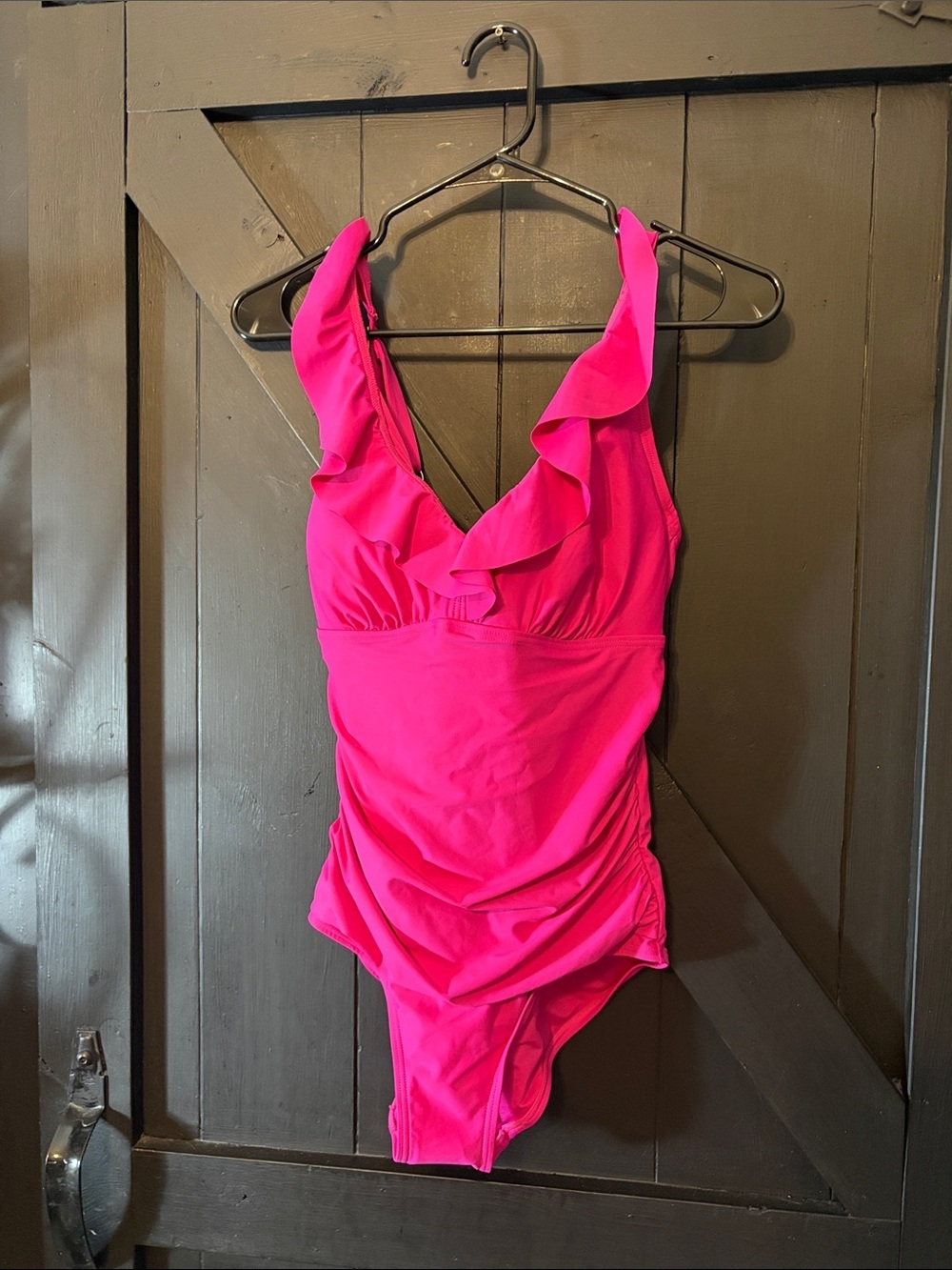 DKNY Hot Pink Ruffle V-Neck One-Piece Swimsuit - Picture 1 of 6